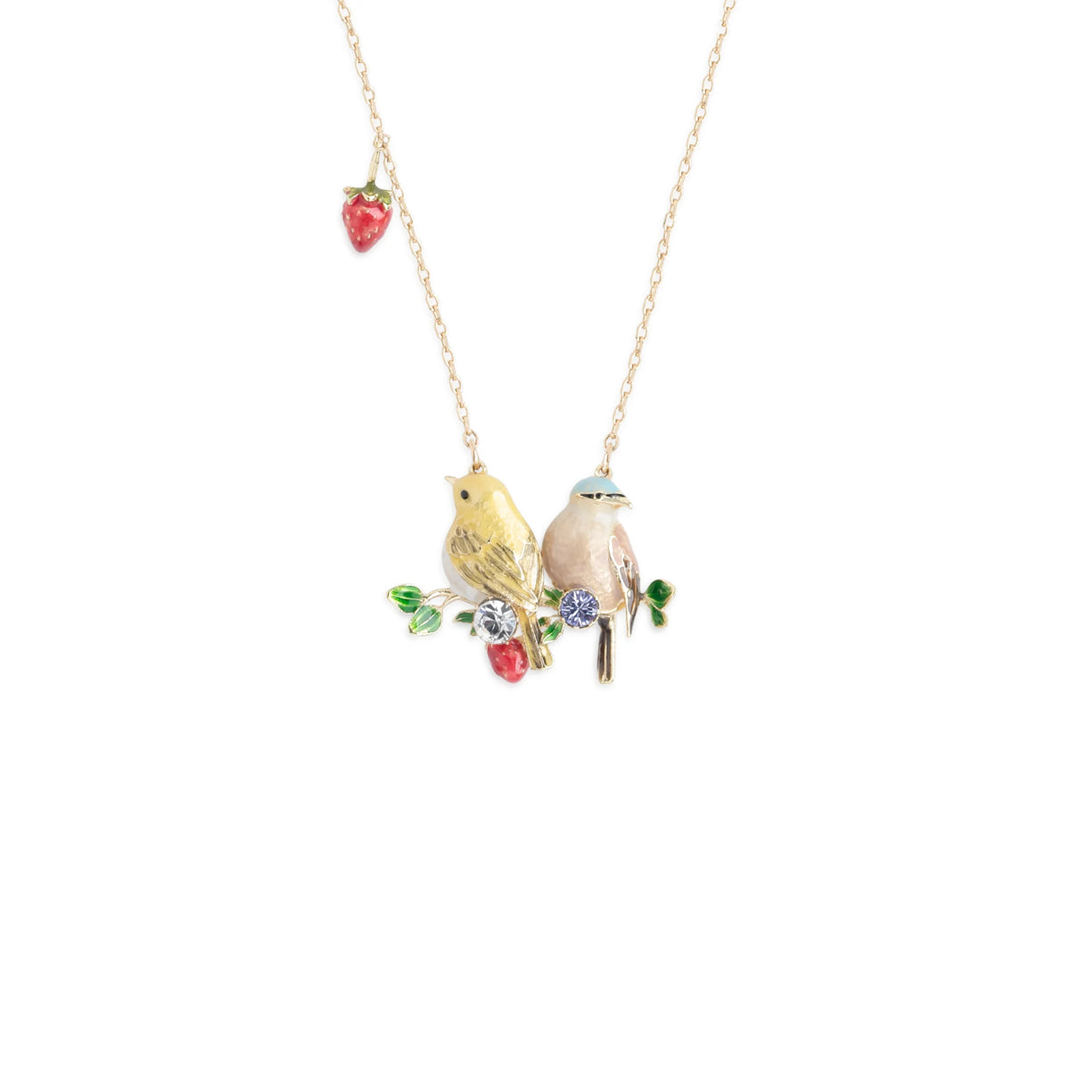 Necklace with two birds and a strawberry pendant on a white background