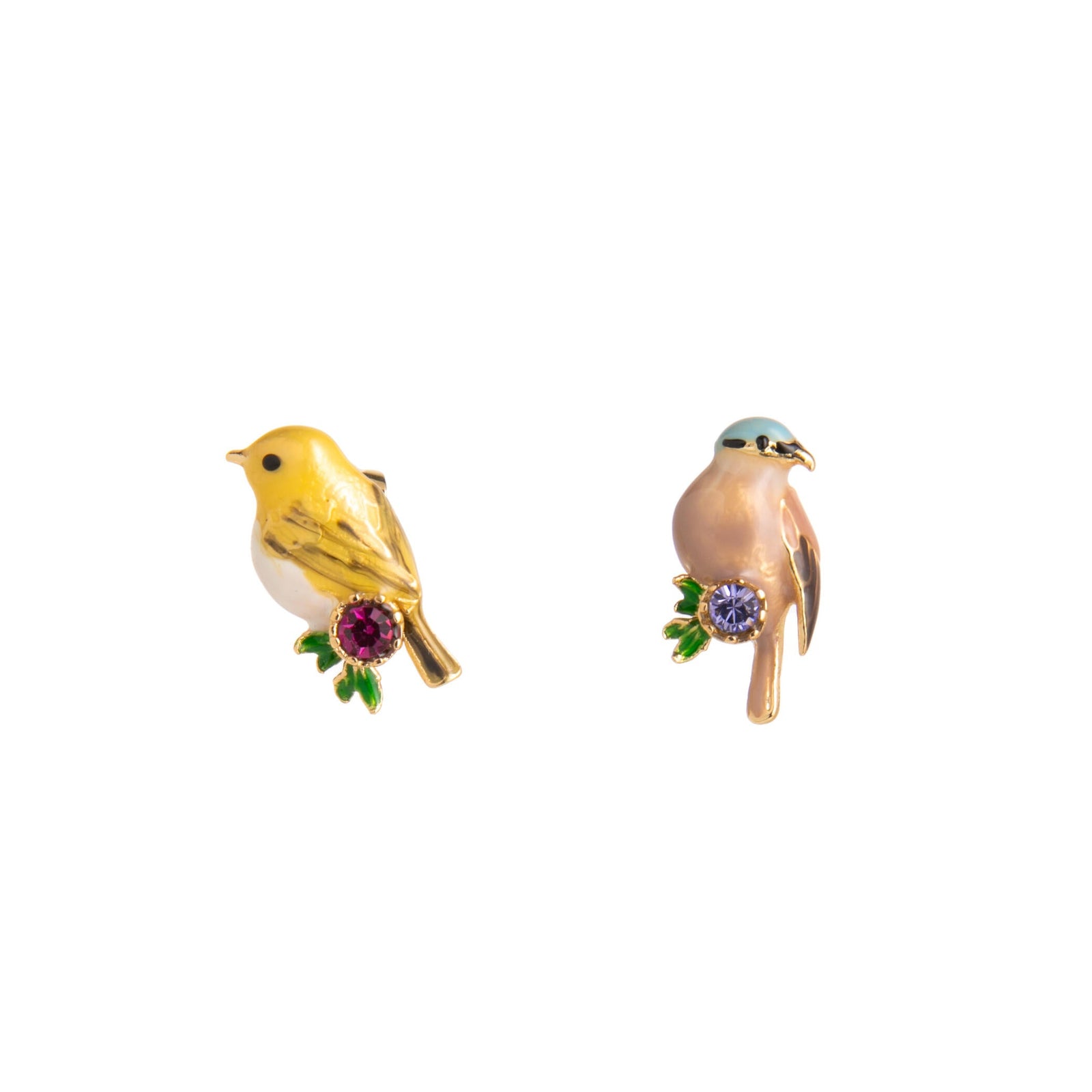 Pair of bird-shaped earrings with gemstones on a white background
