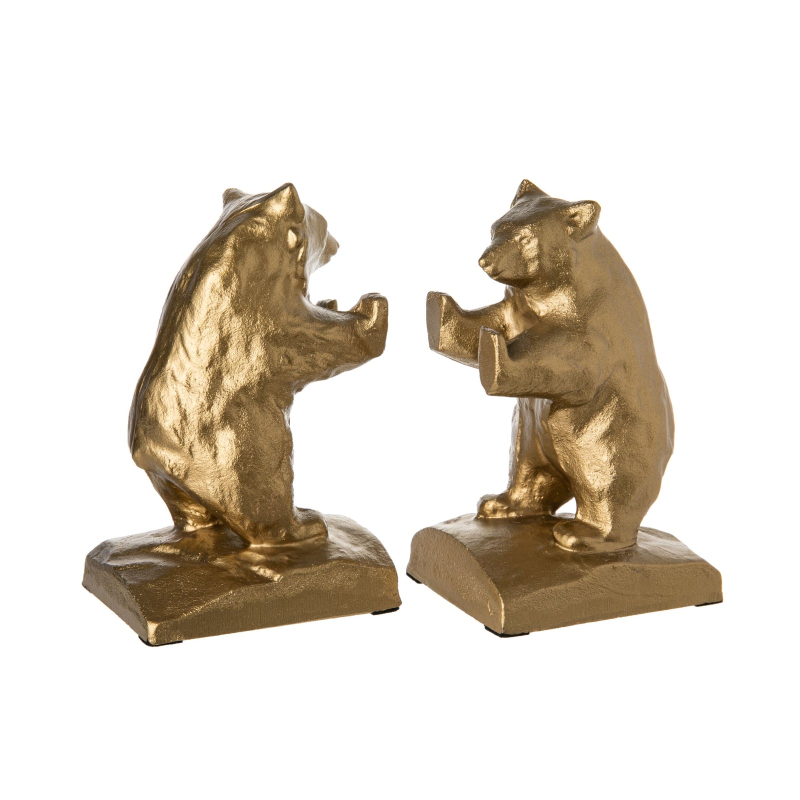 Add some California Chic to your bookshelf with these gilded iron, bear bookends.   Heavyweight and exceptional quality, these can also be used as paperweights, table decor or doorstops.   Solid iron bookends Set of two in a presentation gift box Dimensions: 3 3/4" x 2 3/4" x 5.5" Made in Japan * Books not included.