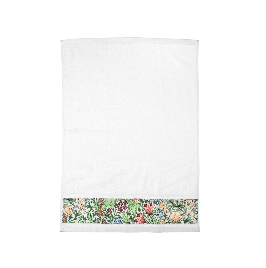 Add an 'Arts & Crafts' finishing touch to your powder room with this Golden Lily trimmed guest towel. This soft, 100% cotton towel has a neutral, cream-colored base with Golden Lily cotton canvas trim. Dimensions: 17.5" x 24". Machine washable.