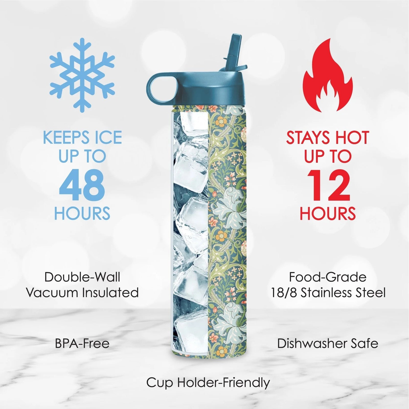 This double-wall vacuum insulated Tumbler keeps beverages hot for 12 hours, cold for 30 hours, and keeps ice frozen for up to 2 days ensuring you're always refreshed. Featuring the timeless 'Golden Lily' design by William Morris. Known for his intricate patterns and attention to detail Holds 24oz, 9" H x 3.5" dia. Dishwasher safe.