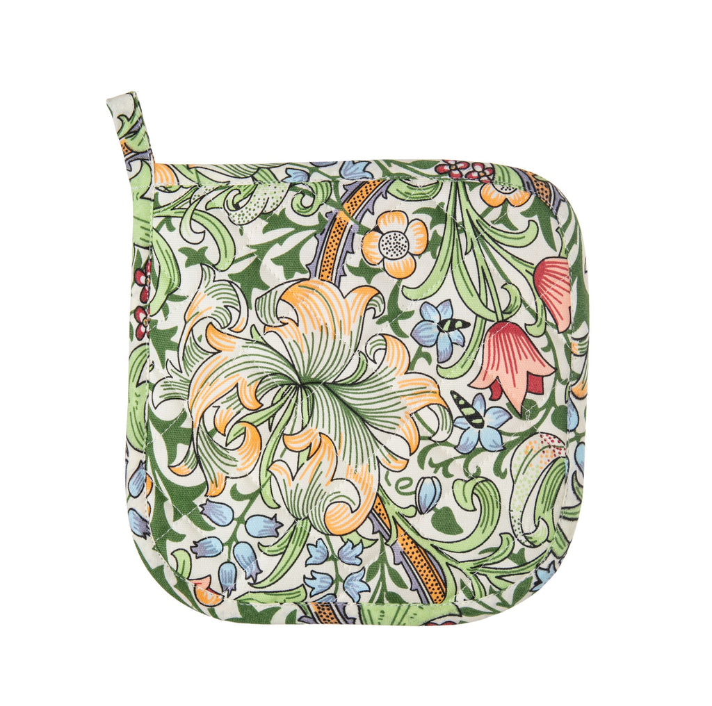 Adorned with one of William Morris' most popular designs, 'Golden Lily', this pot holder is both pretty and practical. Made from a padded and quilted durable cotton canvas. Dimensions:8 x 8" approx. Quilted for safety and comfort 100% Cotton with polyester filling From the William Morris Gallery, London.