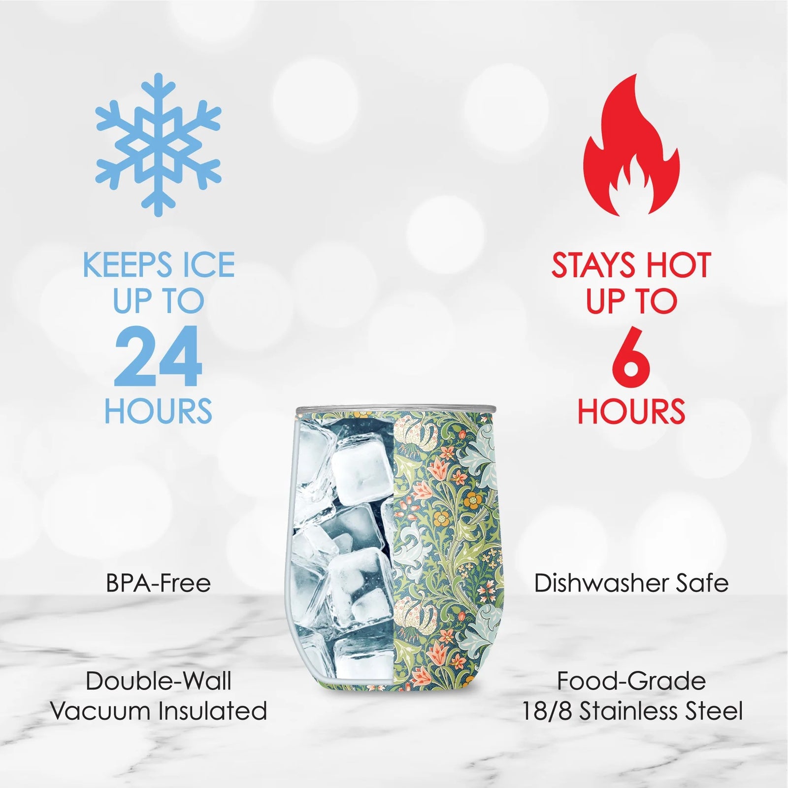 This double-wall vacuum insulated cup keeps beverages hot for 6 hours, cold for 12 hours, and keeps ice frozen for up to 1 day, ensuring you're always refreshed.  Featuring the timeless 'Golden Lily' design by William Morris. Leak-proof slider lid included. Holds 12oz, 4.25" H x 3.5" dia.  Dishwasher safe.