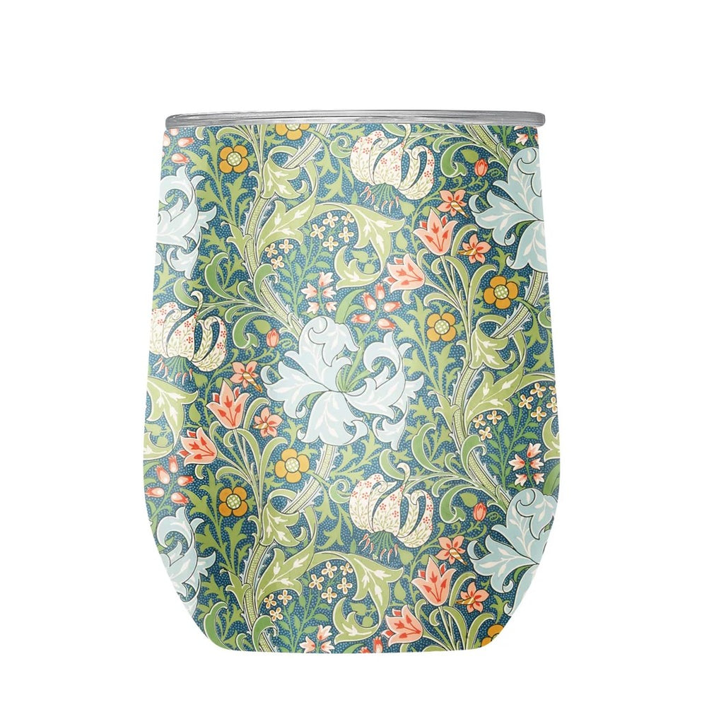 This double-wall vacuum insulated cup keeps beverages hot for 6 hours, cold for 12 hours, and keeps ice frozen for up to 1 day, ensuring you're always refreshed.  Featuring the timeless 'Golden Lily' design by William Morris. Leak-proof slider lid included. Holds 12oz, 4.25" H x 3.5" dia.  Dishwasher safe.