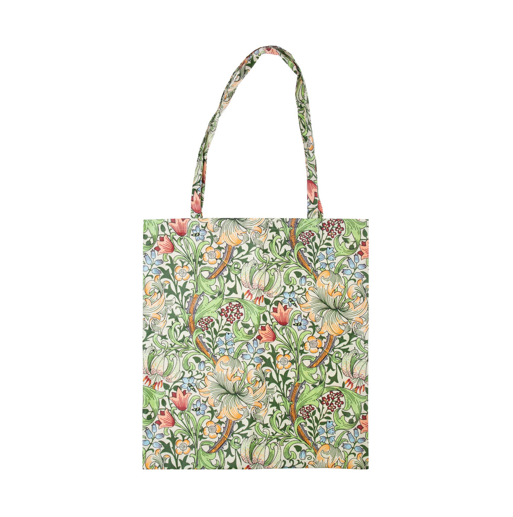 This roomy tote has longer, double thickness handles so that it can be comfortably thrown over your shoulder. Features the beautiful Golden Lily print, which was designed in the late 1800's by Morris and Co designer, John Henry Dearle (British, 1860 - 1932). 16" x 17". Shoulder strap length: 26".