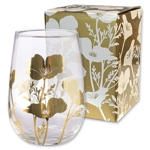 This beautiful stemless wine glass was designed by California-based artist Regina Schachter. It features California poppies in vibrant gold metallic, all the way around the glass, and will add an elegant pop of golden state cheer to any table setting. Packaged in a printed gift box. 4" x 5.25" x 4" Handwash. 
