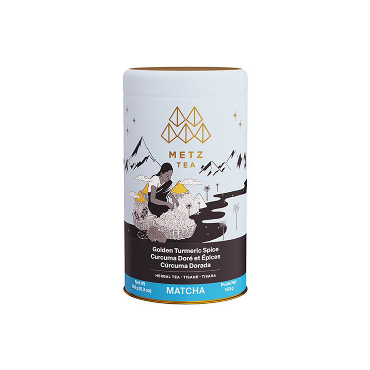 A cylindrical canister of METZ golden turmeric spice matcha tea on a white background.