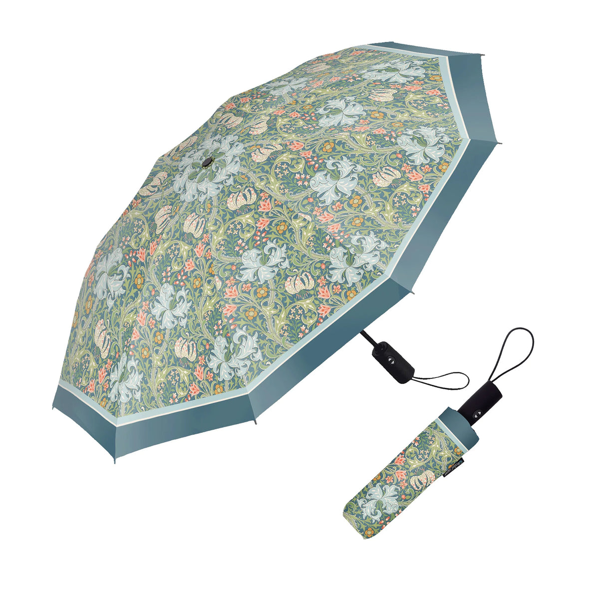 Floral patterned umbrella with matching handle on a white background