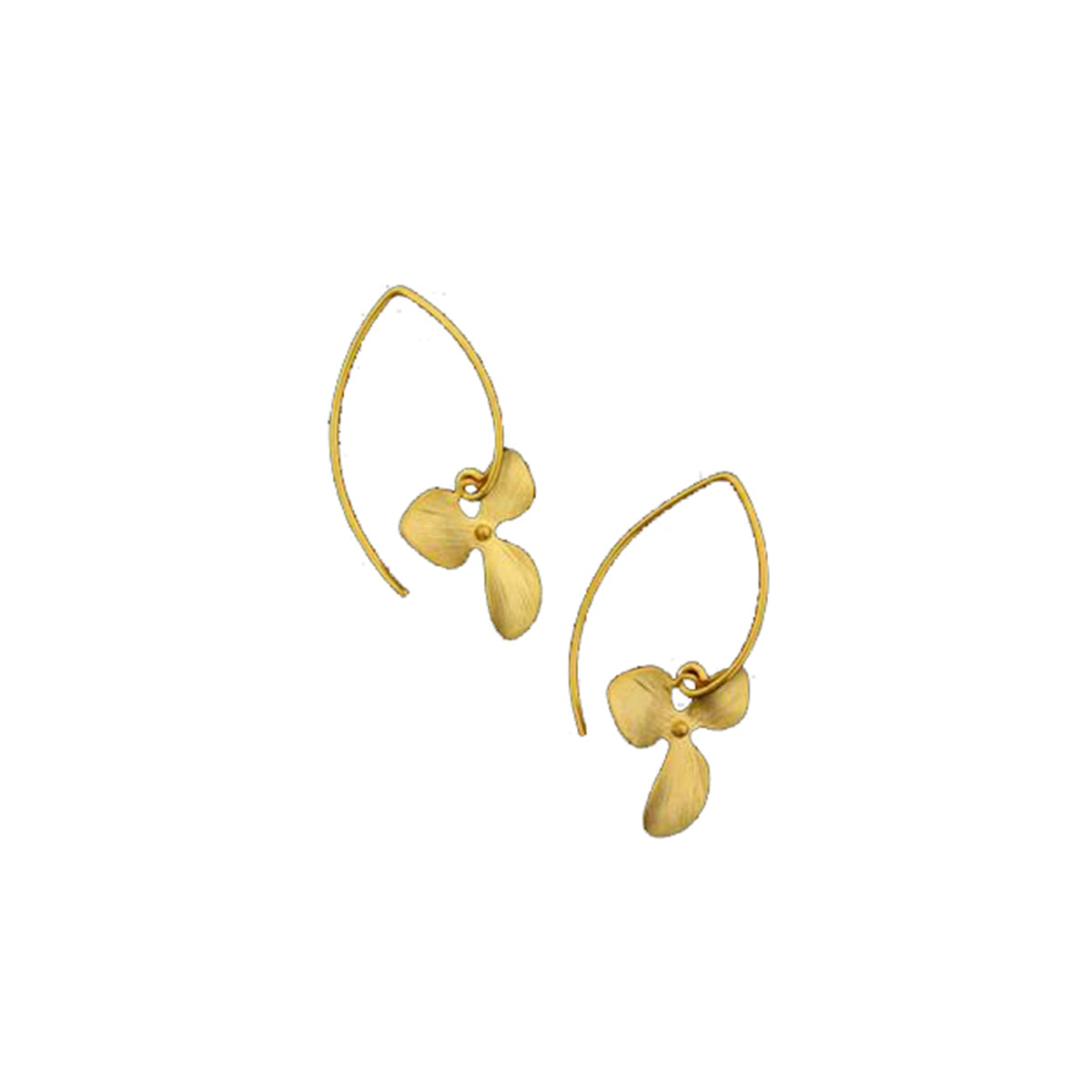 Gold earrings with a hoop hook and an orchid petal detail on a white background