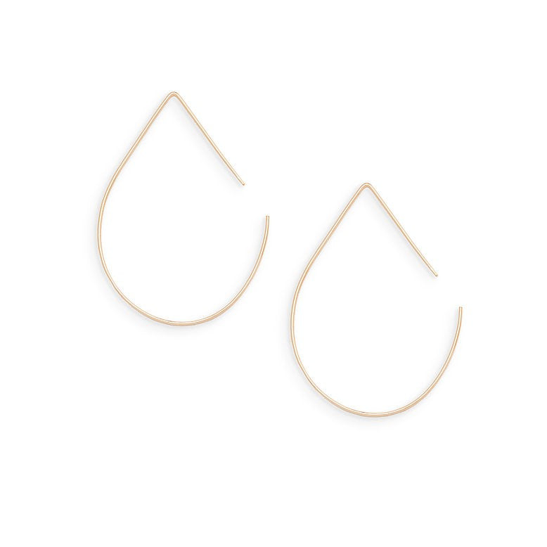 A pair of gold teardrop-shaped hoop earrings with a polished shine on a white background.