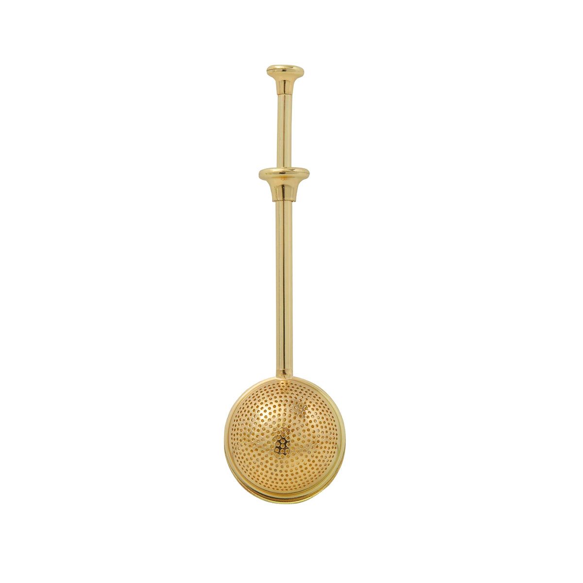 A gold-tone metal tea strainer with a long handle and round, ball-shaped strainer on a white background. 