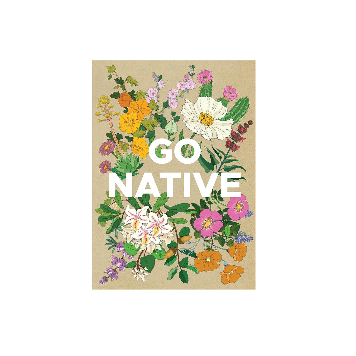 Card deck with floral design and 'GO NATIVE' text on a beige background