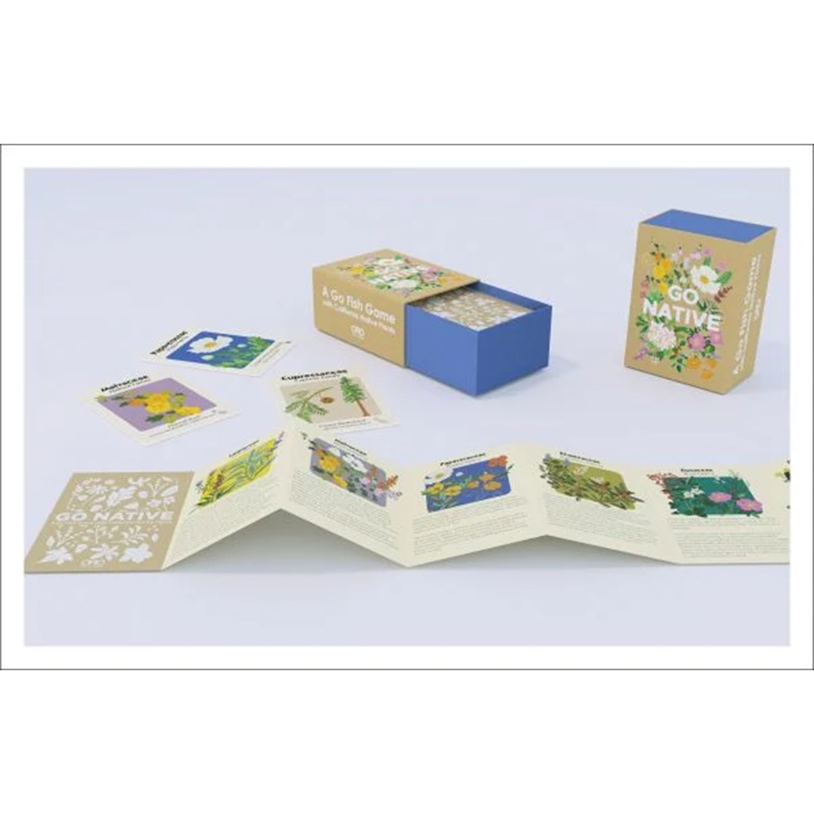 Card deck with floral design and 'GO NATIVE' text on a beige background