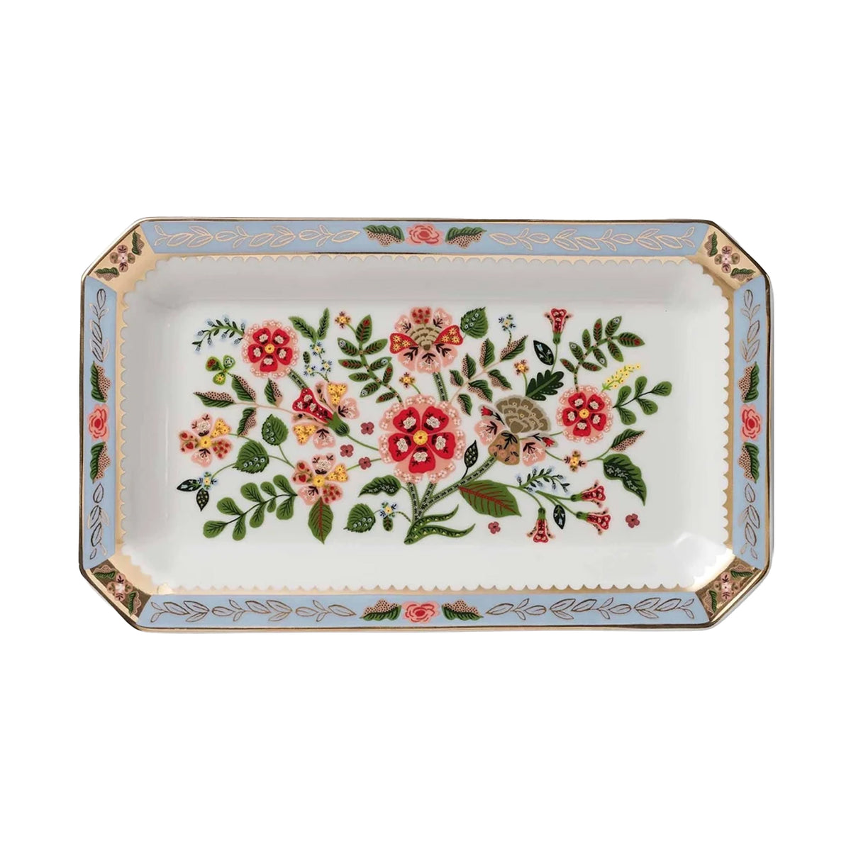 A rectangular shaped porcelain catch-all tray with a floral pattern on a white background. 
