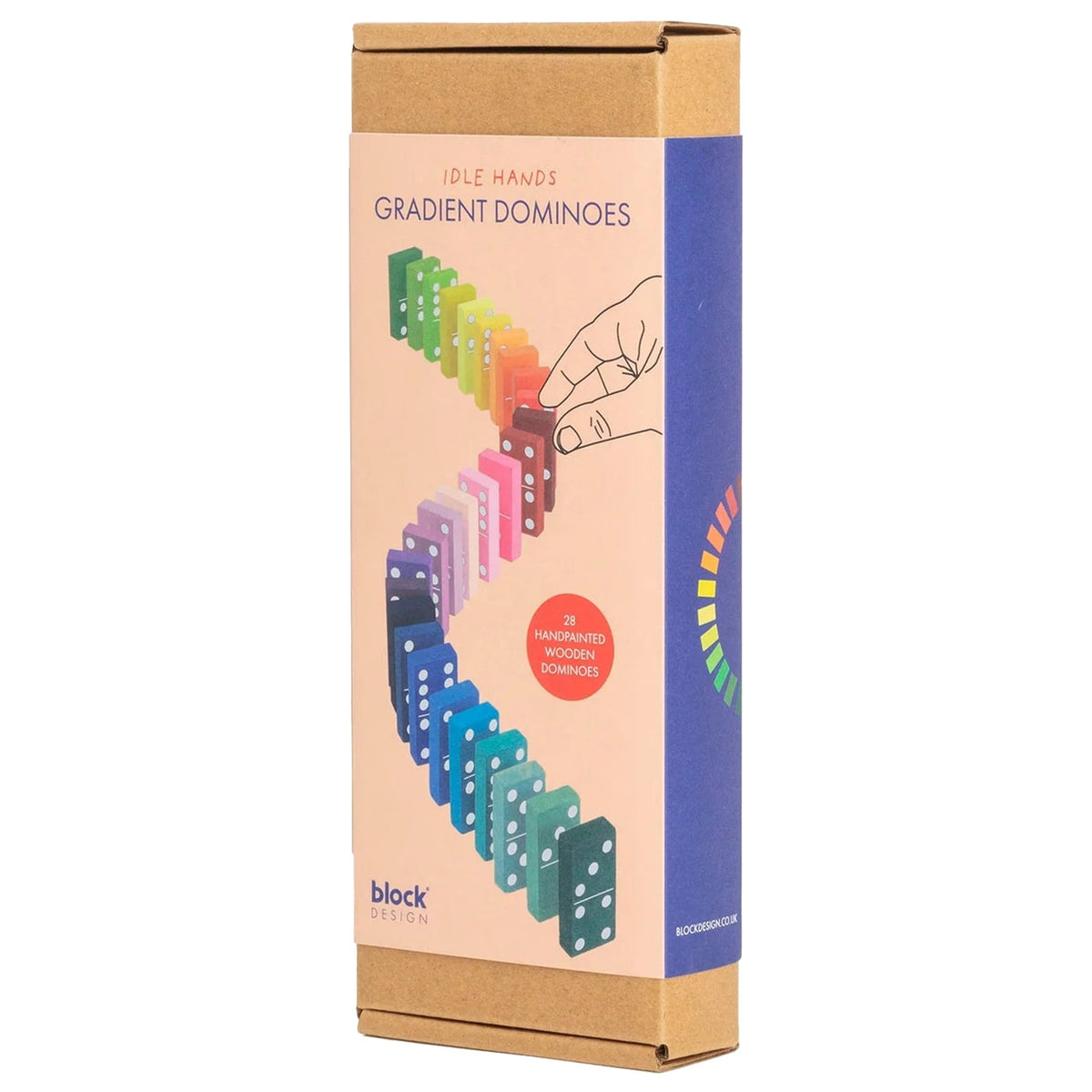Gradient dominoes packaging with colorful dominoes and 'block' branding on a white background