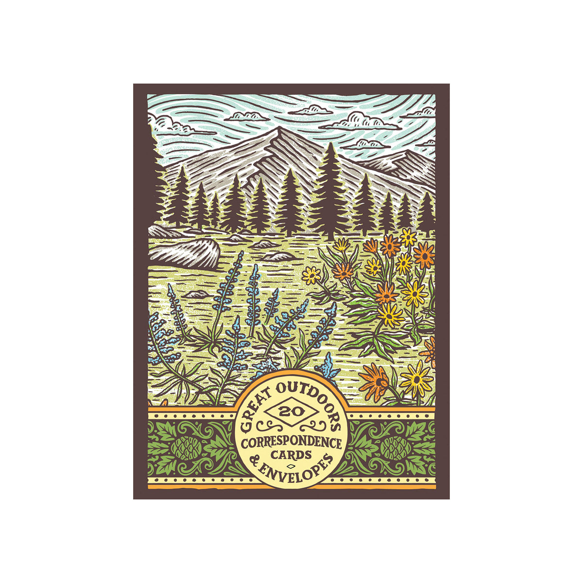 Packaging for 'Great Outdoors' correspondence cards with nature-themed design on a white background.