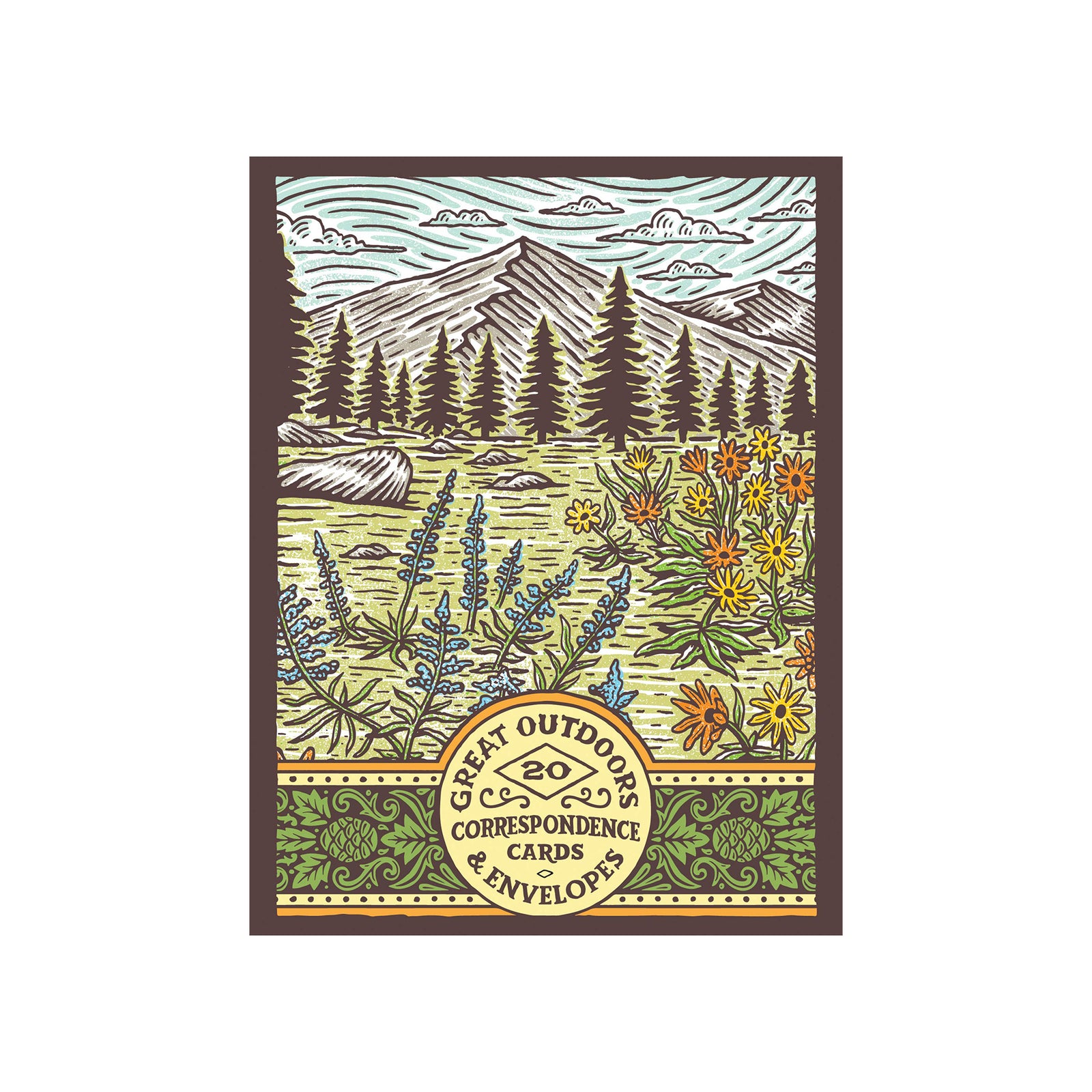 Packaging for 'Great Outdoors' correspondence cards with nature-themed design on a white background.