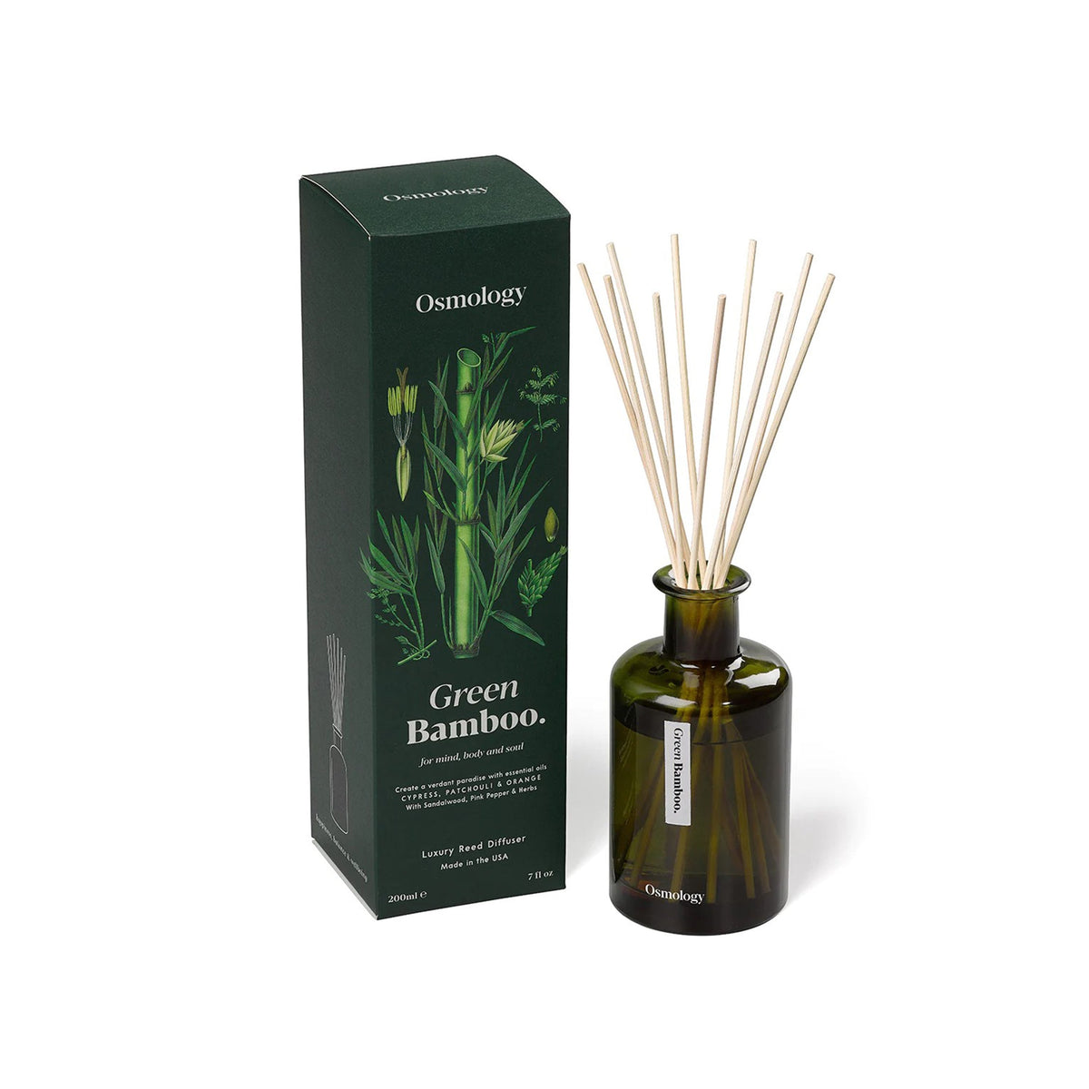 Osmology Green Bamboo diffuser with packaging on a white background