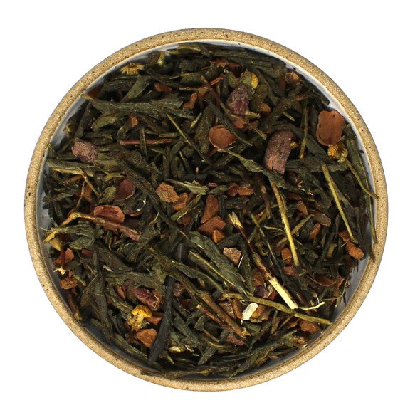 This blend pays homage to the state cookie of New Mexico: the Biscochito. Balanced with comforting shortbread flavors and Hatch, New Mexico green chile, this tea is decadent with a subtle spice. It is rich in vitamins, boosts metabolism, and supports healthy brain function. Very low caffeine. 2.1 oz resealable bag.