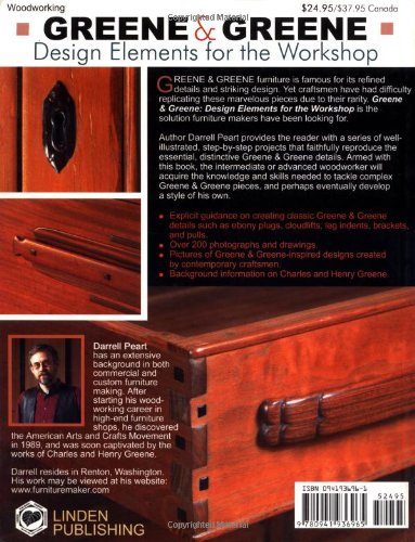 The definitive guide to recreating the special look of Greene & Greene furniture. Greene & Greene furniture is famous for its refined details and striking design. In Greene & Greene: Design Elements for the Workshop, modern craftsmen can recreate the authentic Greene & Greene look in their own projects.