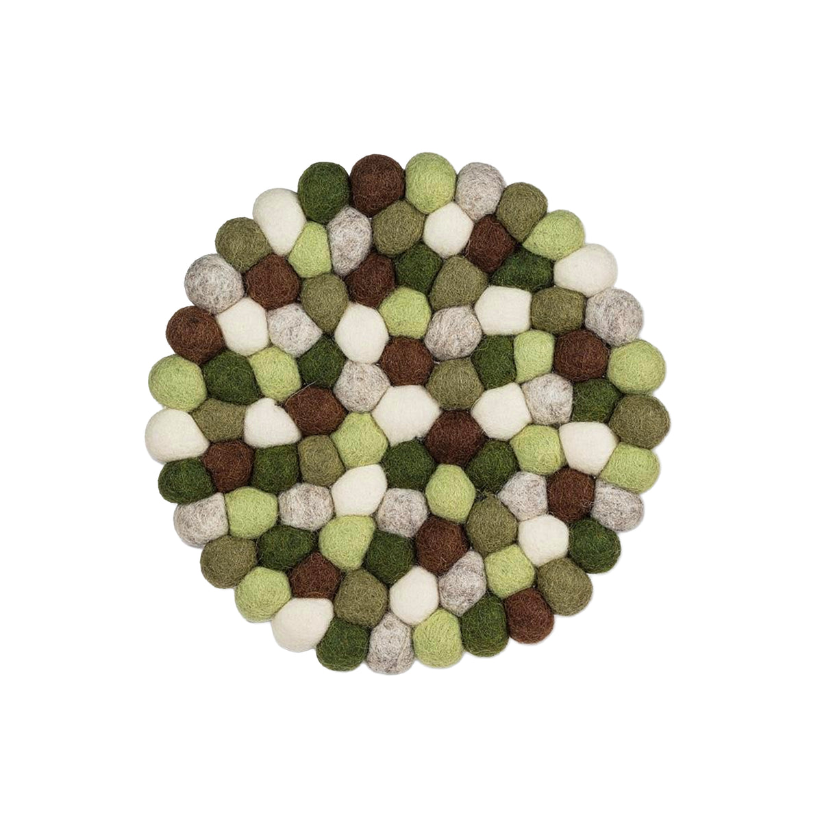 A round felt trivet made of hexagonal wool balls in various shades of green, brown, beige, and cream, arranged in a circular pattern on a solid white background.