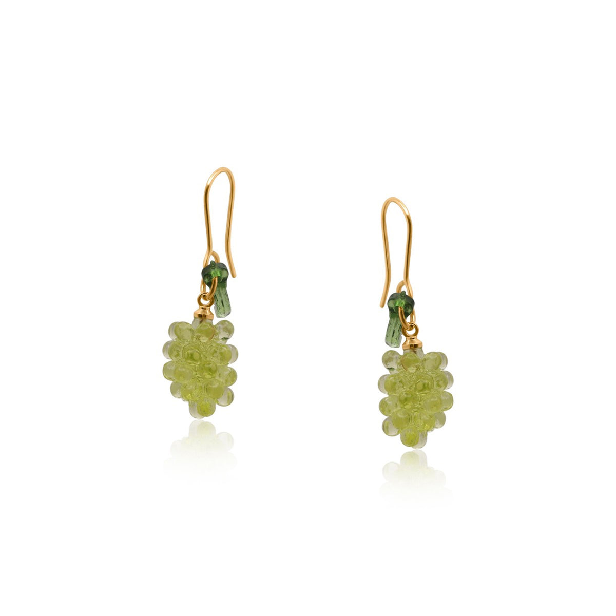 Pair of green grape-shaped earrings on a white background