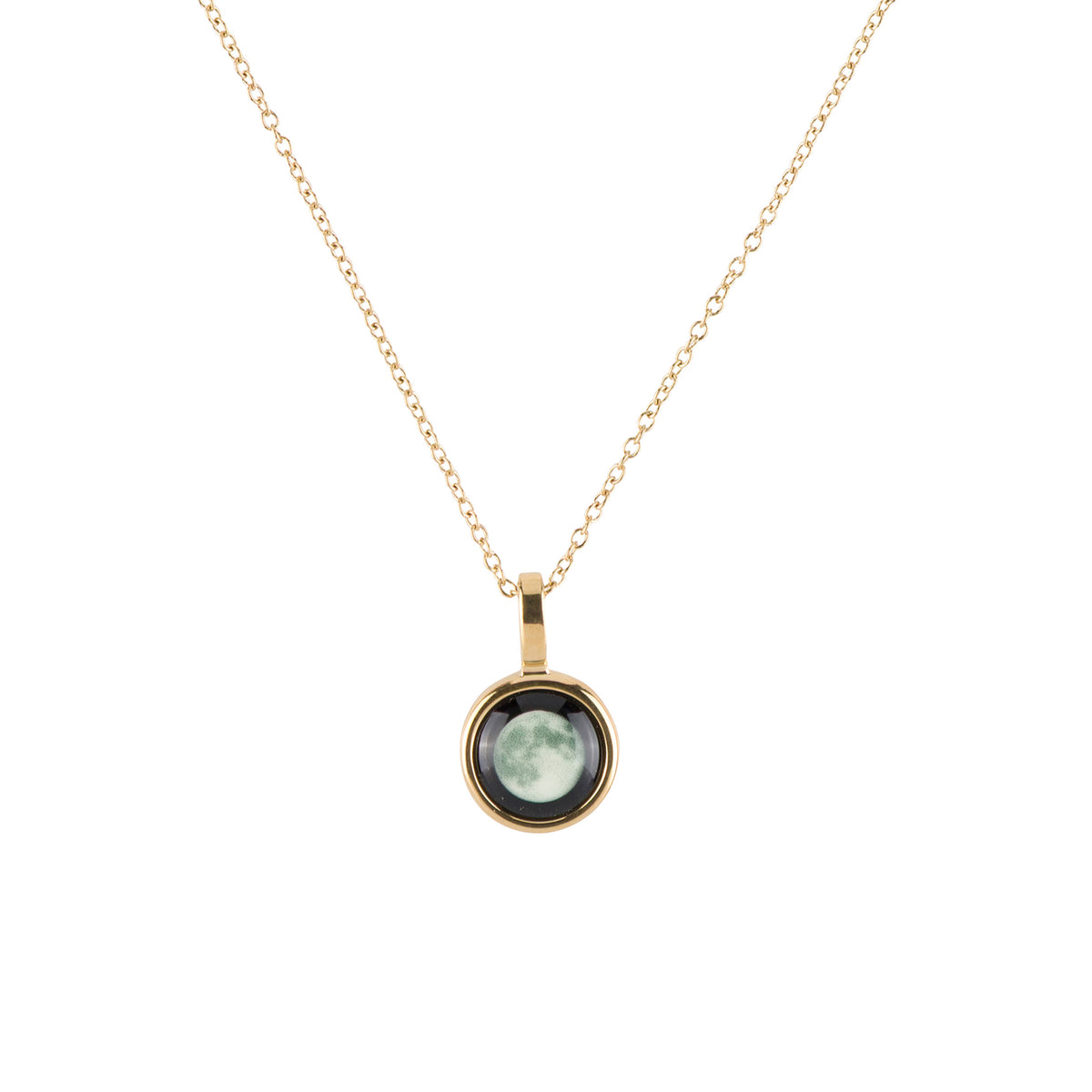 A gold chain necklace with a round bezel pendant containing a light green full moon design, shown against a plain white background.