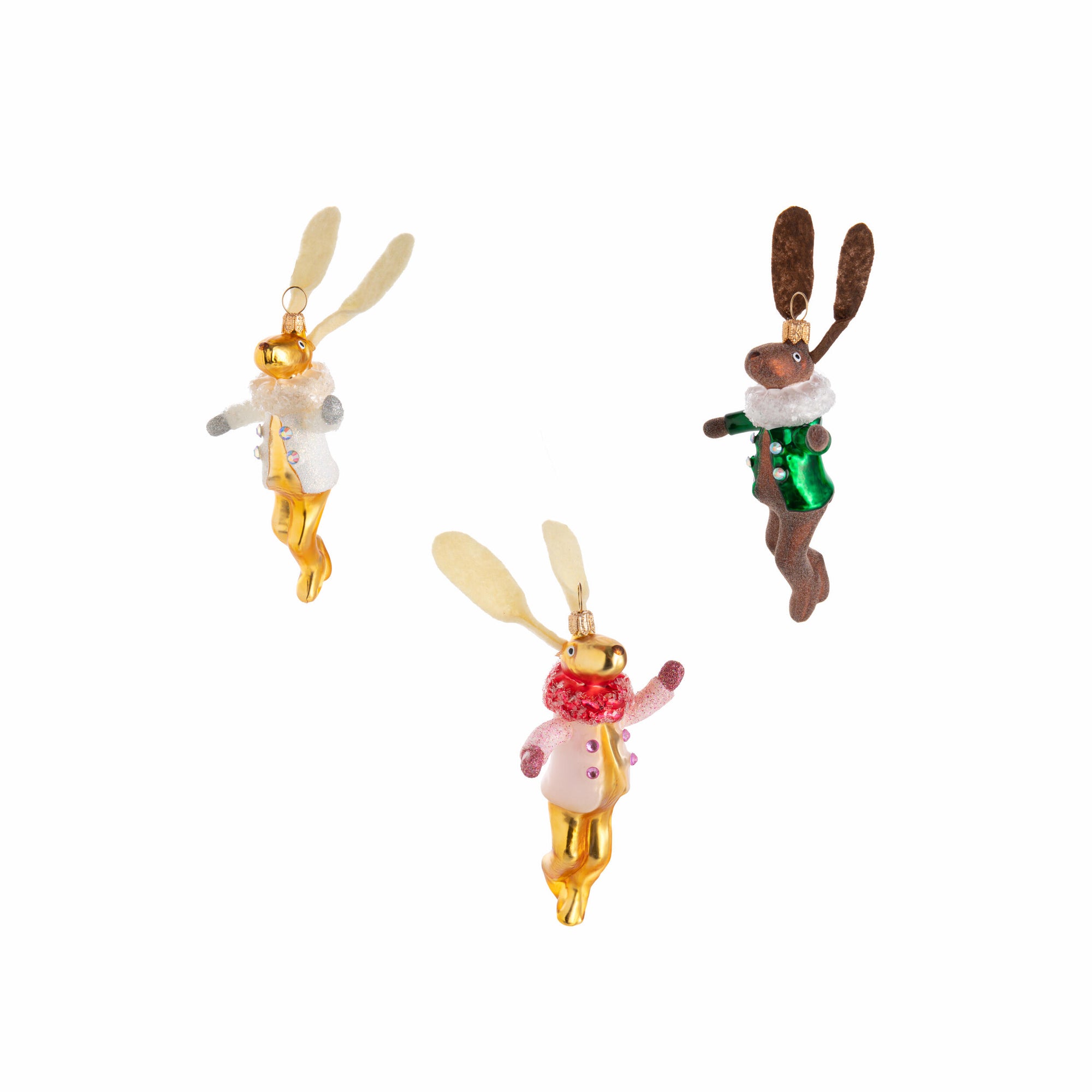 Glass ornament of a rabbit in a green suit on a white background