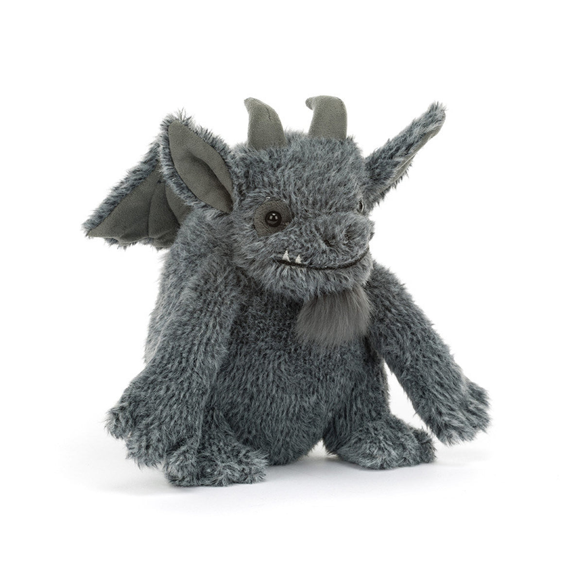 A plush gray Jellycat Growlston Gargoyle  toy with small horns, folded wings, and a soft furry texture, photographed on a clean white background.