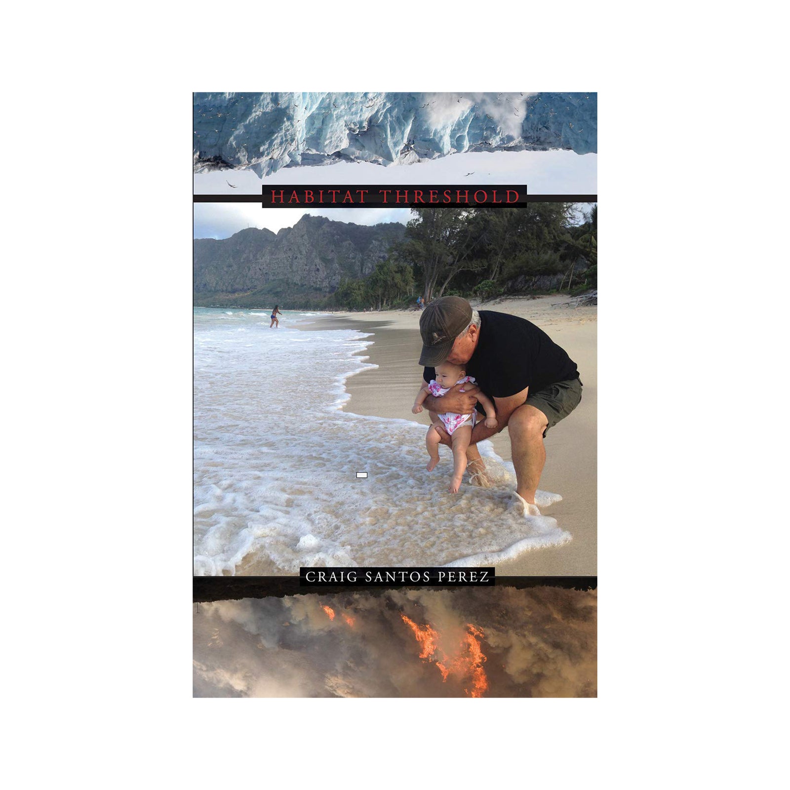 Book cover with a man and child on a beach and mountain landscape.