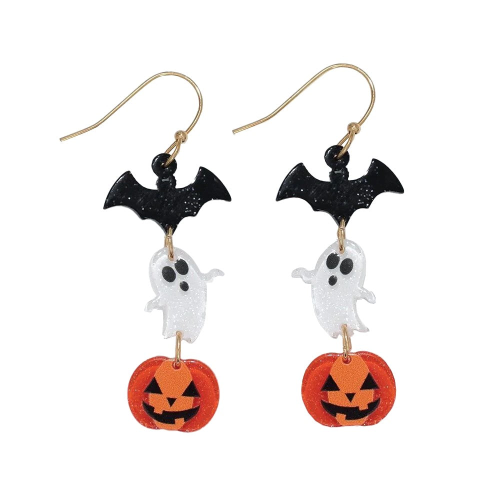Halloween-themed earrings with bats, ghosts, and jack-o'-lanterns on a white background.