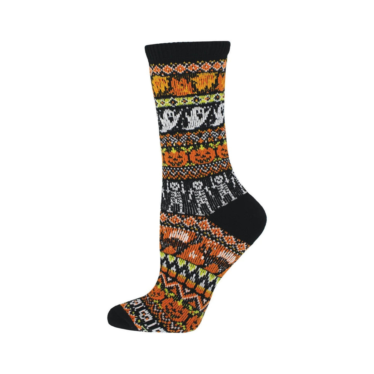 A single crew sock with a colorful Fair Isle, Halloween themed knit pattern featuring pumpkins, ghosts, skeletons, and leaf motifs, shown against a plain white background.