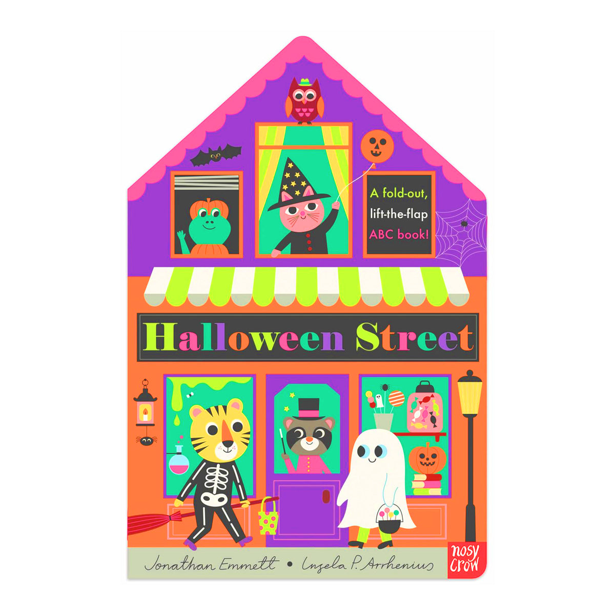 Halloween Street ABC book cover by Jonathan Emmett and Ingela Ekblom, featuring a colorful house-shaped illustration with Halloween characters and storefront details.