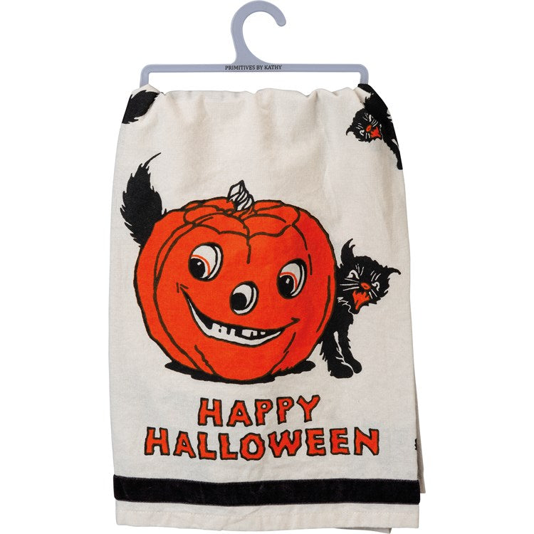 This retro-inspired cotton kitchen towel features a "Happy Halloween" sentiment, Jack-o'lantern design, and black cat print throughout. The bottom edge is gorgeously trimmed with soft velvet ribbon for an extra festive finishing touch. Material: Cotton, Velvet 28" x 28" Cotton loop in one corner for easy hanging.