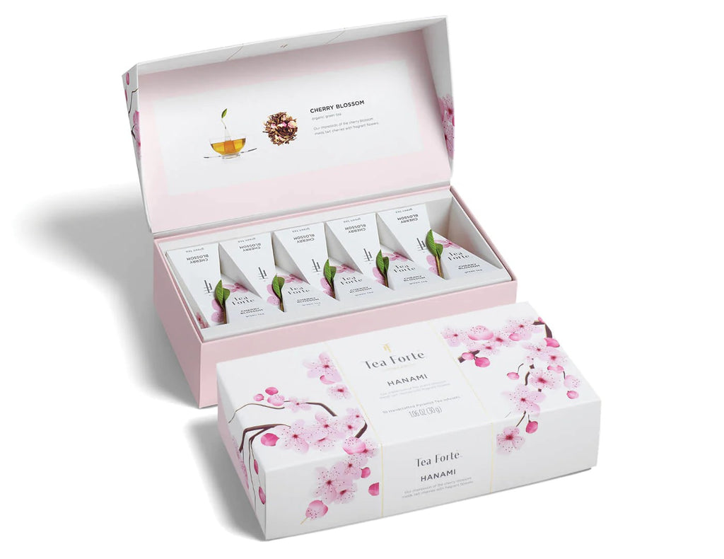 This Hanami Petite Presentation Box contains 10 pyramid infusers of Tea Fortés' award winning Cherry Blossom tea. This flavorful blend melds organic tart cherries with fragrant flowers and green tea.10 handcrafted pyramid tea infusers in a presentation box. Kosher. Box measures 8.5" x 4.2' x 2" Net wt: 1.06 oz.