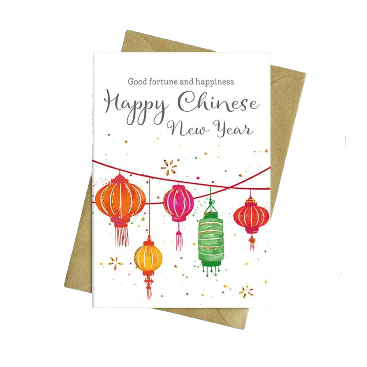 Greeting card with colorful lanterns and 'Happy Chinese New Year' text on a white background