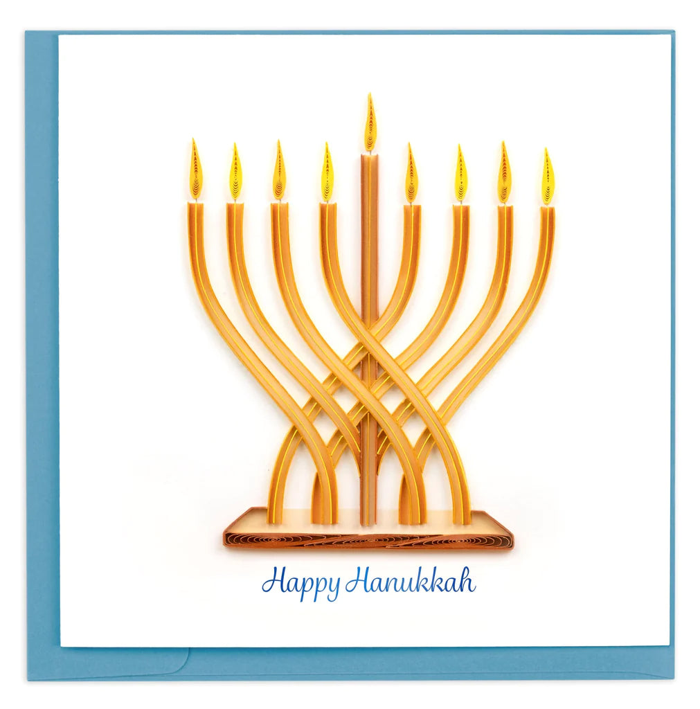 Happy Hanukkah! Celebrate the festival of lights with this quilled modern menorah card. This quilled card is beautifully handmade by a highly skilled artisan and takes one hour to create. Hand crafted greeting card Includes a blue envelope Blank inside for your own message Dimensions: 6" x 6".