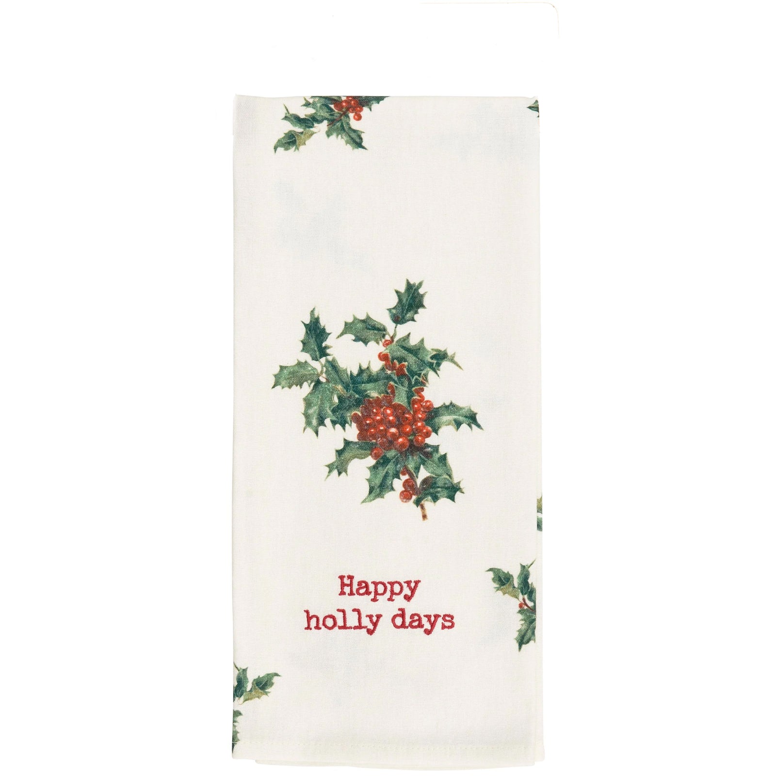 Decorative towel with holly design and 'Happy holly days' text on a white background