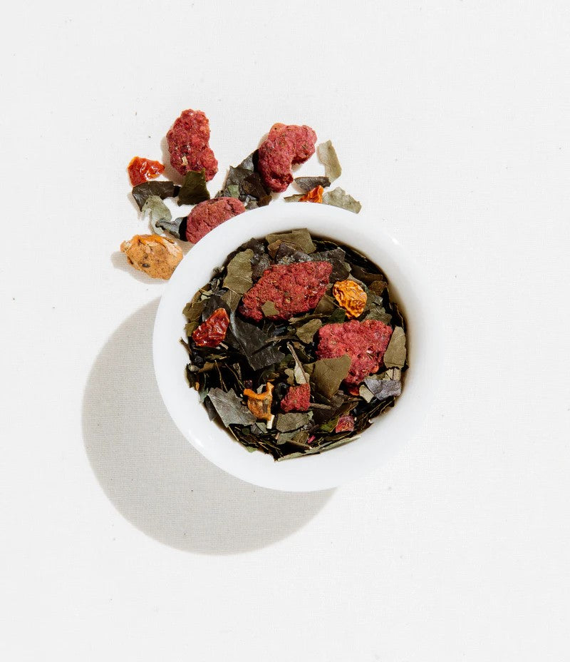 Sweet raspberries are perfectly balanced by tangy fresh hibiscus flowers while the indulgent, floral scent of jasmine carries this slightly stimulating guayusa tea blend to a place that could only be described as Happy! This uplifting tea is fruity and light, perfect for any time of day. Loose tea canister. 2 oz. 