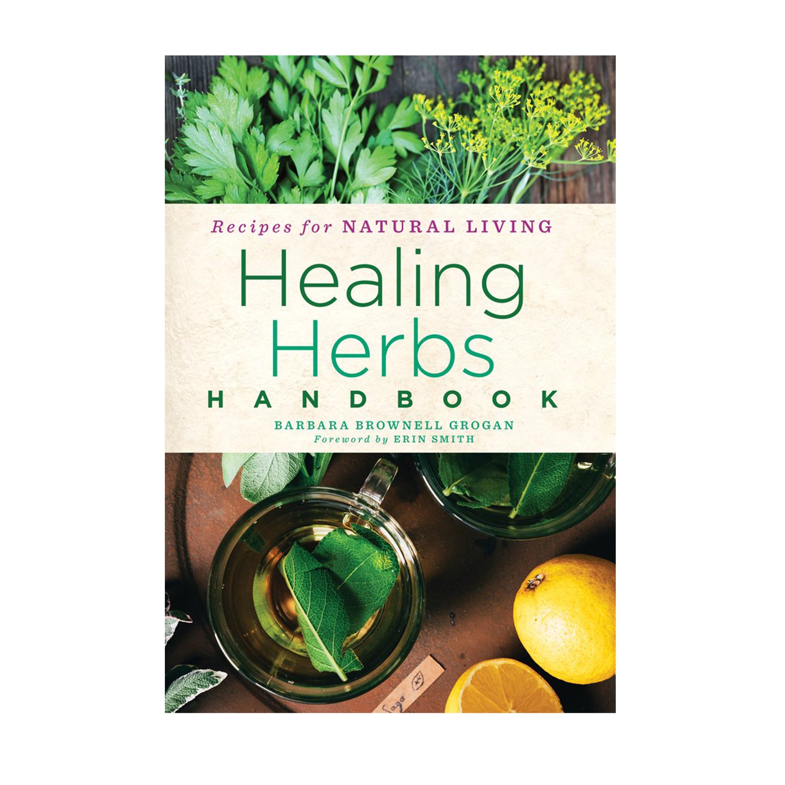 Book cover of 'Healing Herbs Handbook' with images of herbs and tea.