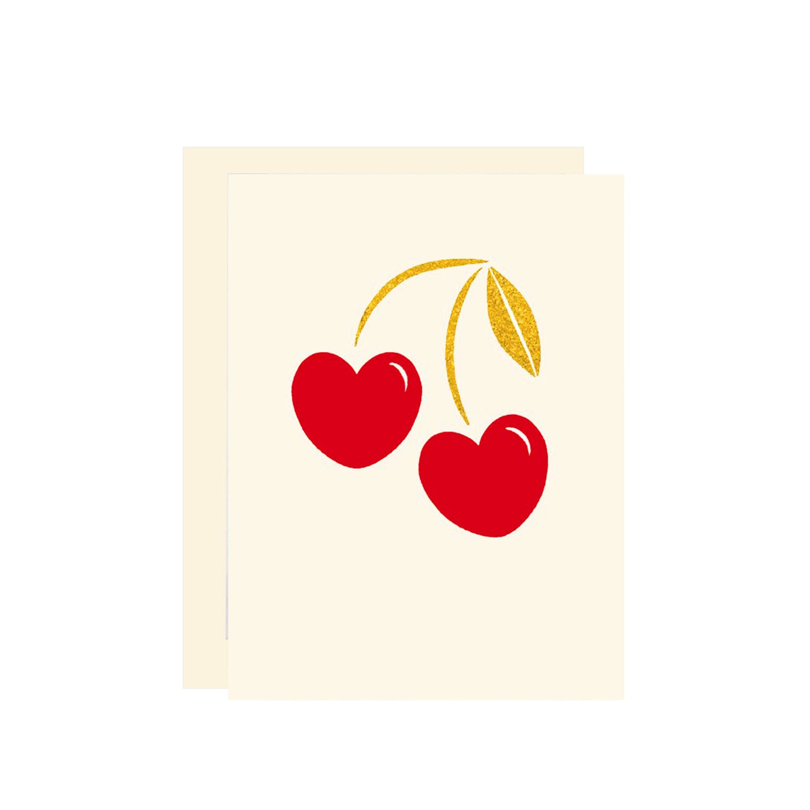 Beige greeting card with red cherries and a gold leaf on a white background
