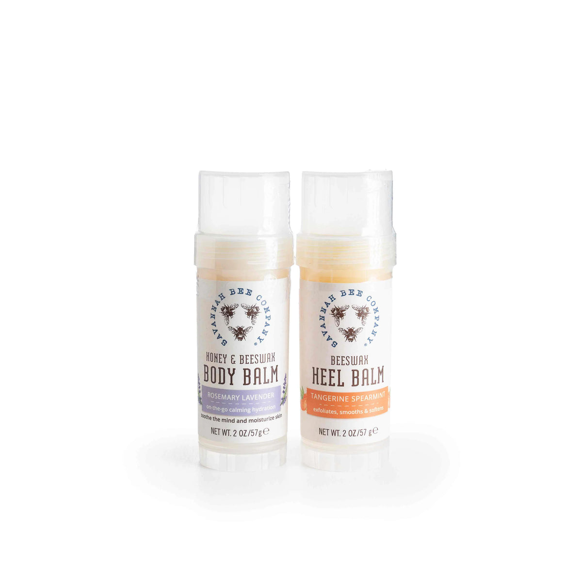 Two bottles of body balm on a white background