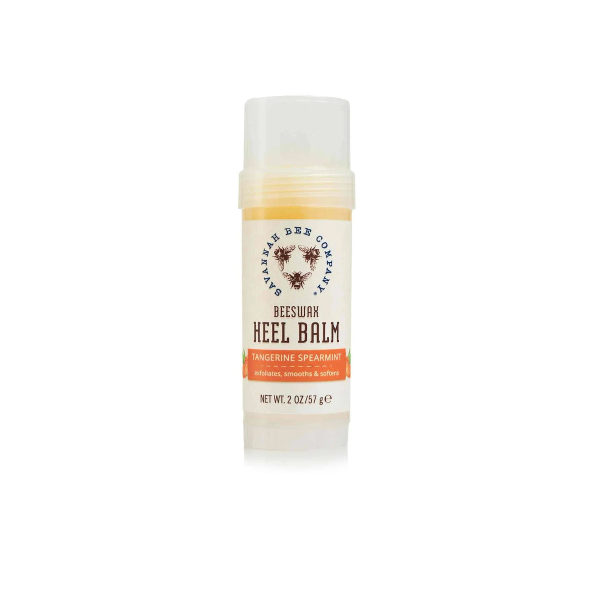 A single tube of Beeswax Heel Balm by Beeswax Company, Tangerine Spearmint, on a clean white background with a soft reflection.
