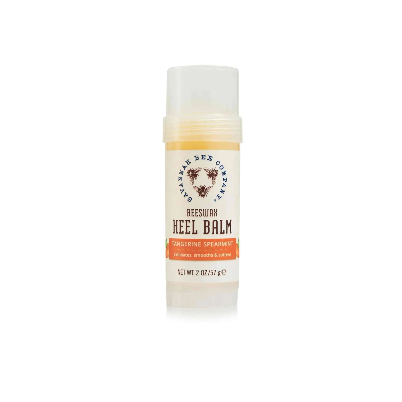A single tube of Beeswax Heel Balm by Beeswax Company, Tangerine Spearmint, on a clean white background with a soft reflection.