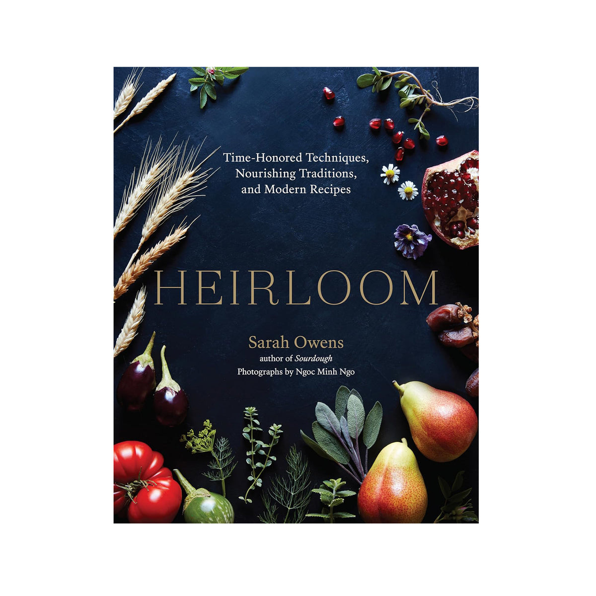 Book cover of 'Heirloom' with various fruits and plants on a dark background