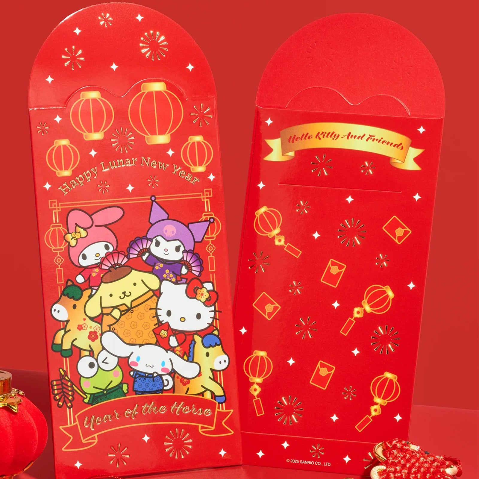 Two red envelopes with Hello Kitty and other Sanrio characters and 'Happy Lunar New Year' text on a white background