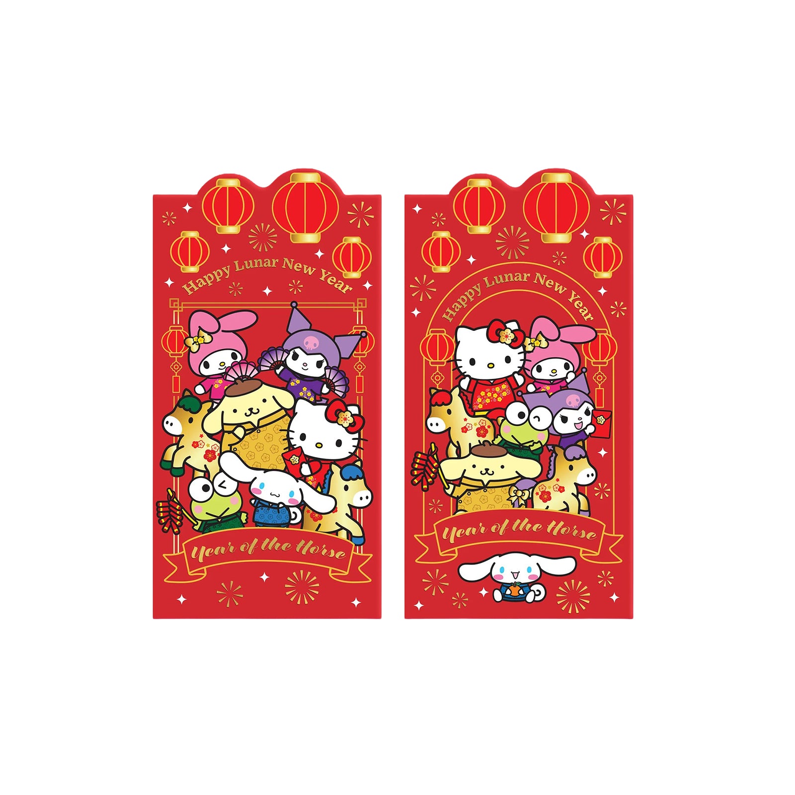 Two red envelopes with Hello Kitty and other Sanrio characters and 'Happy Lunar New Year' text on a white background