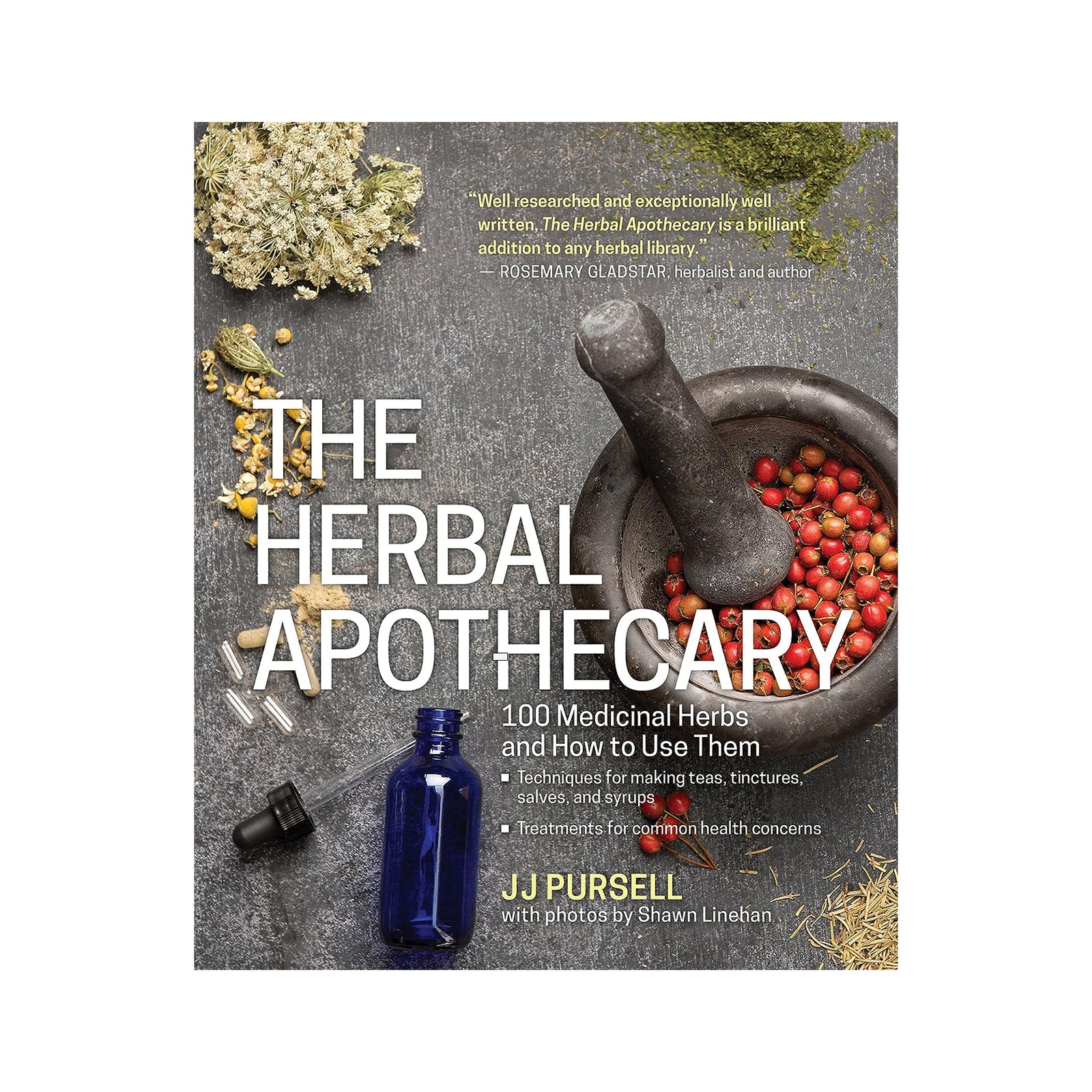 Book cover of 'The Herbal Apothecary' with herbs and a mortar and pestle on a gray background.
