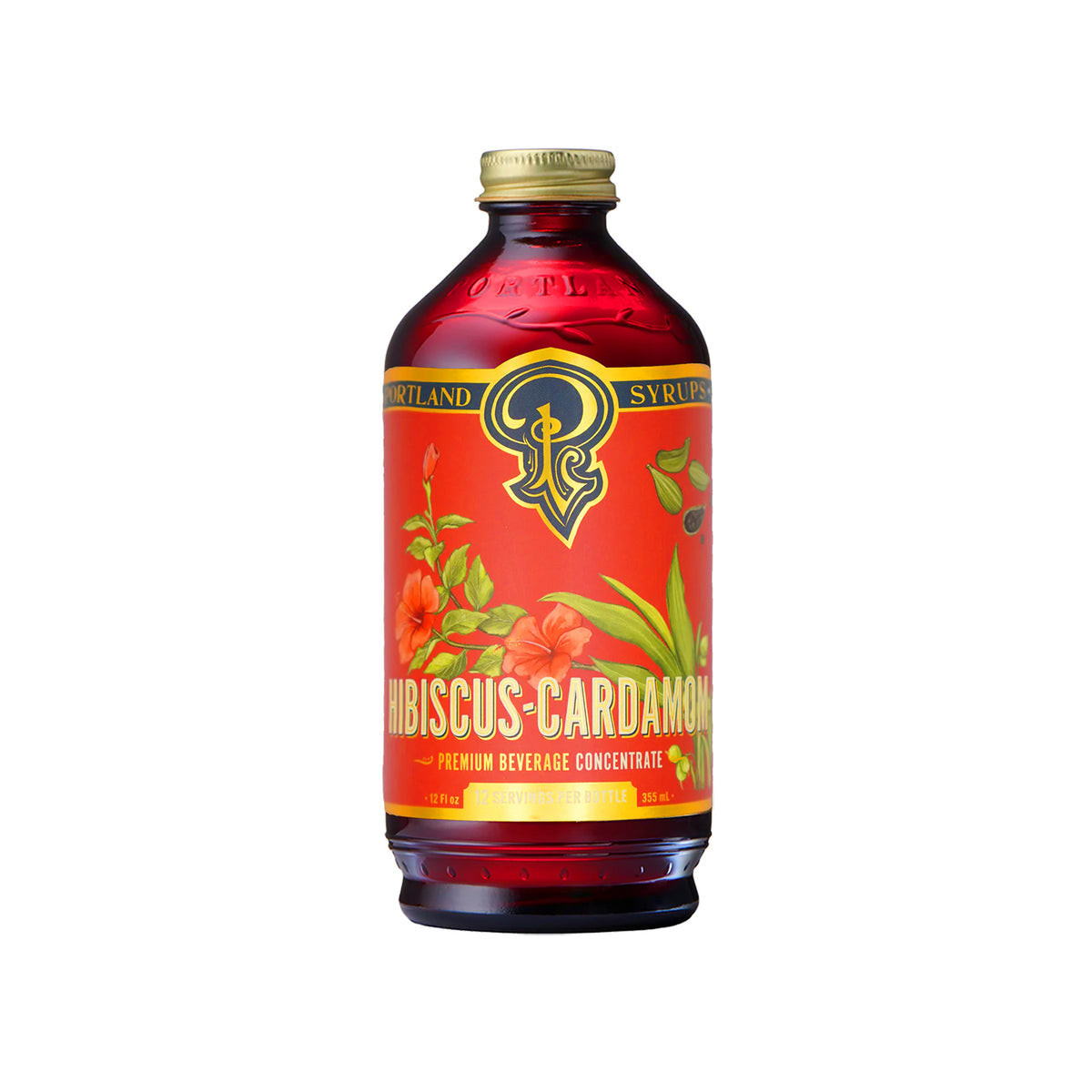 A bottle of Portland Syvurg Hibiscus Cardamom Premium Beverage Concentrate on a solid white background. The bottle is made of dark red glass with a gold cap and features a bright red label with green hibiscus flowers and a gold logo.
