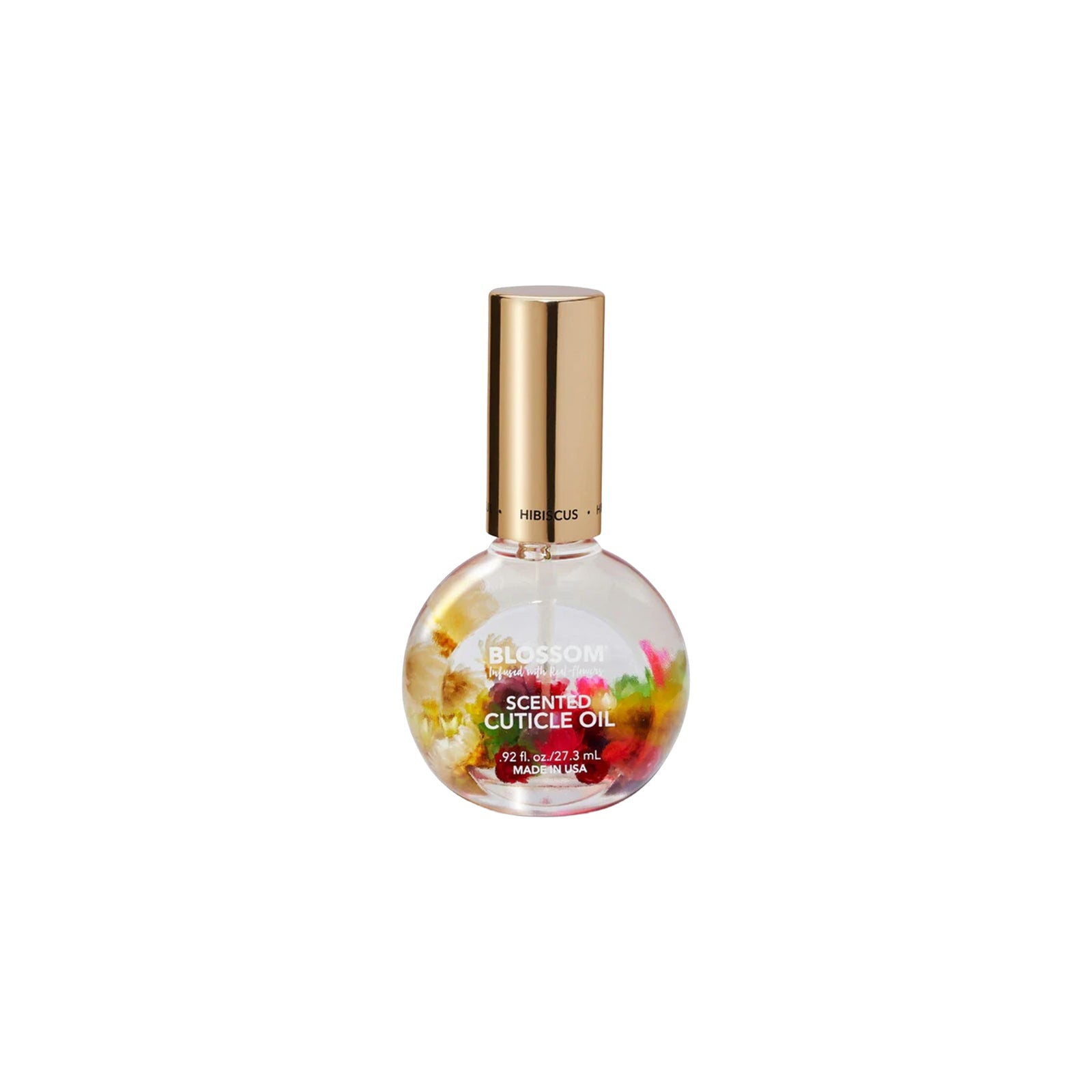 Bottle of Blossom Hibiscus Scented Cuticle Oil on a white background